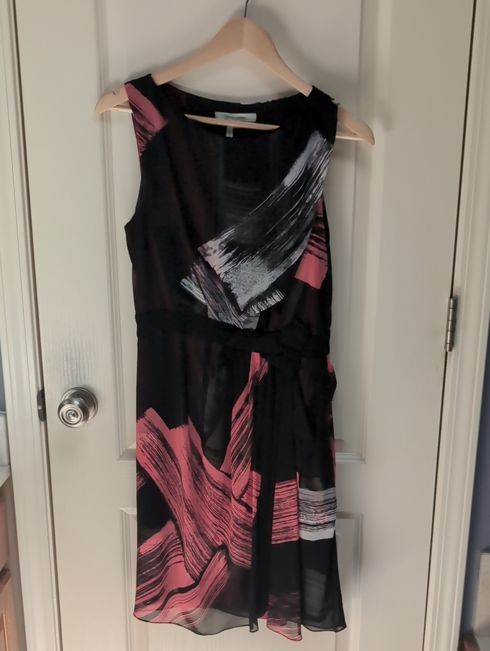 Max & Cleo Black Midi Dress with Pink and White Brushstroke Print